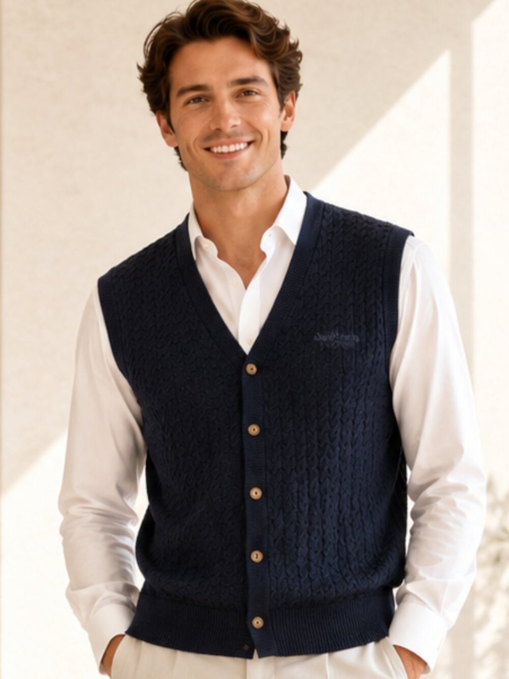Tricots St. Raphael 100% Merino Wool Cable Knit Vest Navy L